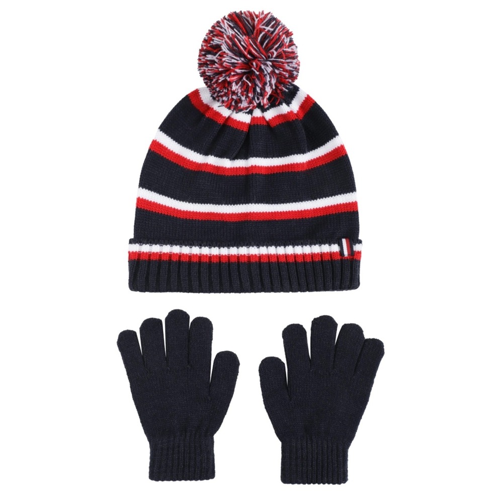 Tommy Hilfiger Big Girls Global Stripe Cuff Hat with Pom‎ Glove, 2 Pc Set - OS